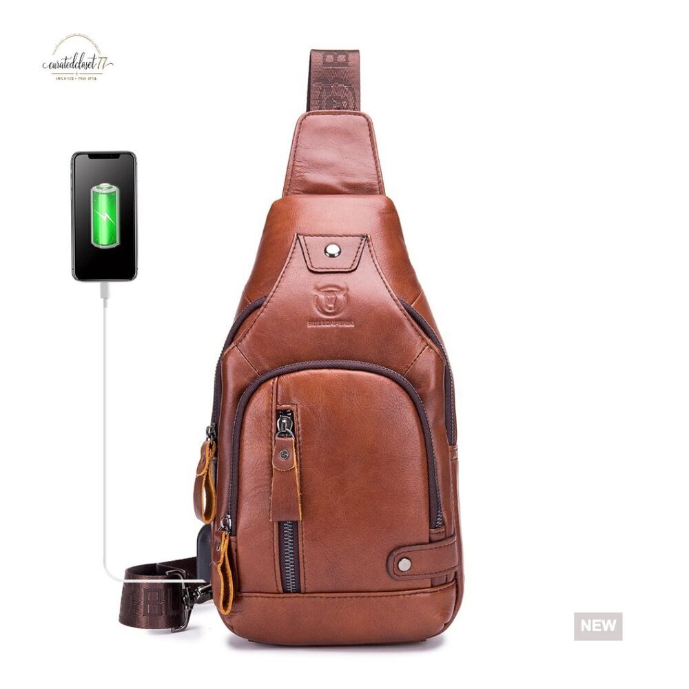 Genuine Leather Sling Bag with USB Port, Adjustable Strap, Multiple Pockets
